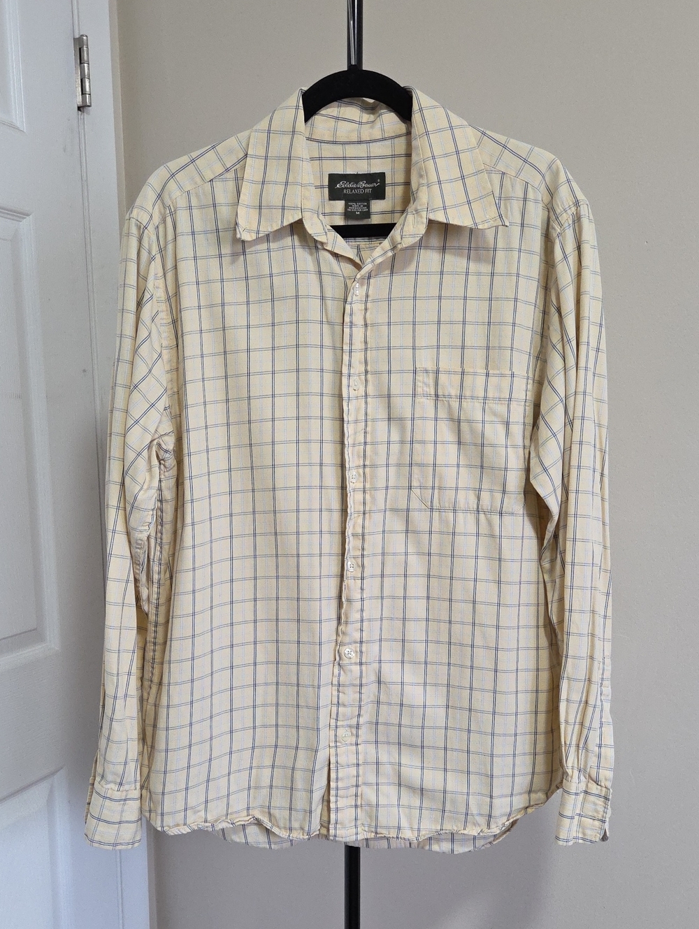 Eddie Bauer 100% Cotton Cream and Blue Plaid Long-Sleeve Button-Down Shirt